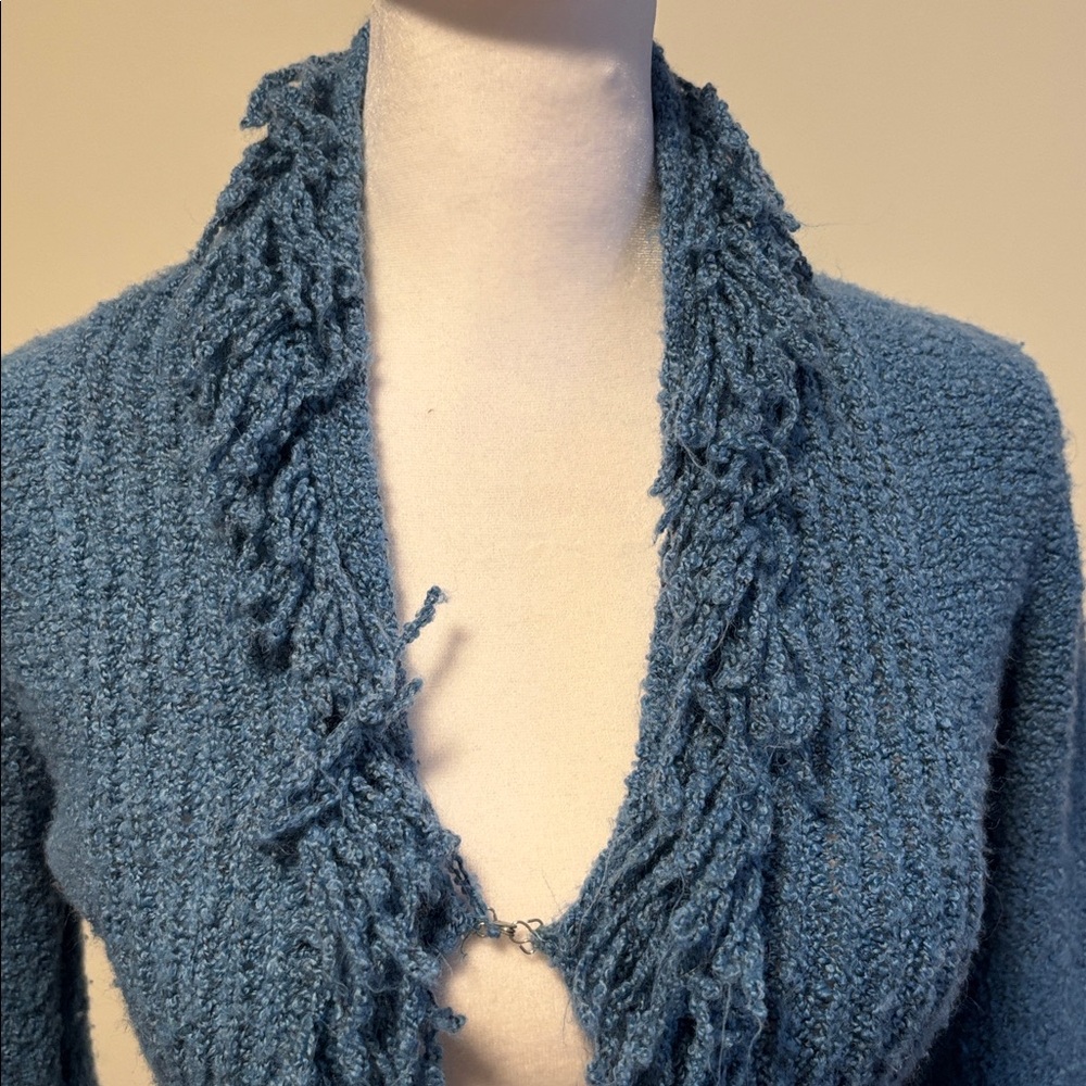 Say What? Textured Blue Fringed Cardigan - Picture 4 of 5